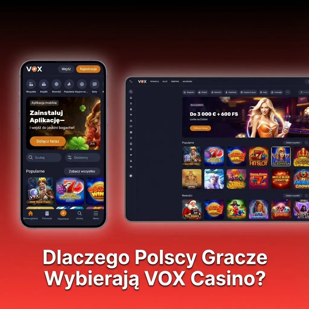VOX Casino interface showing Polish złoty support, mobile app, game selection, and security features for Polish players