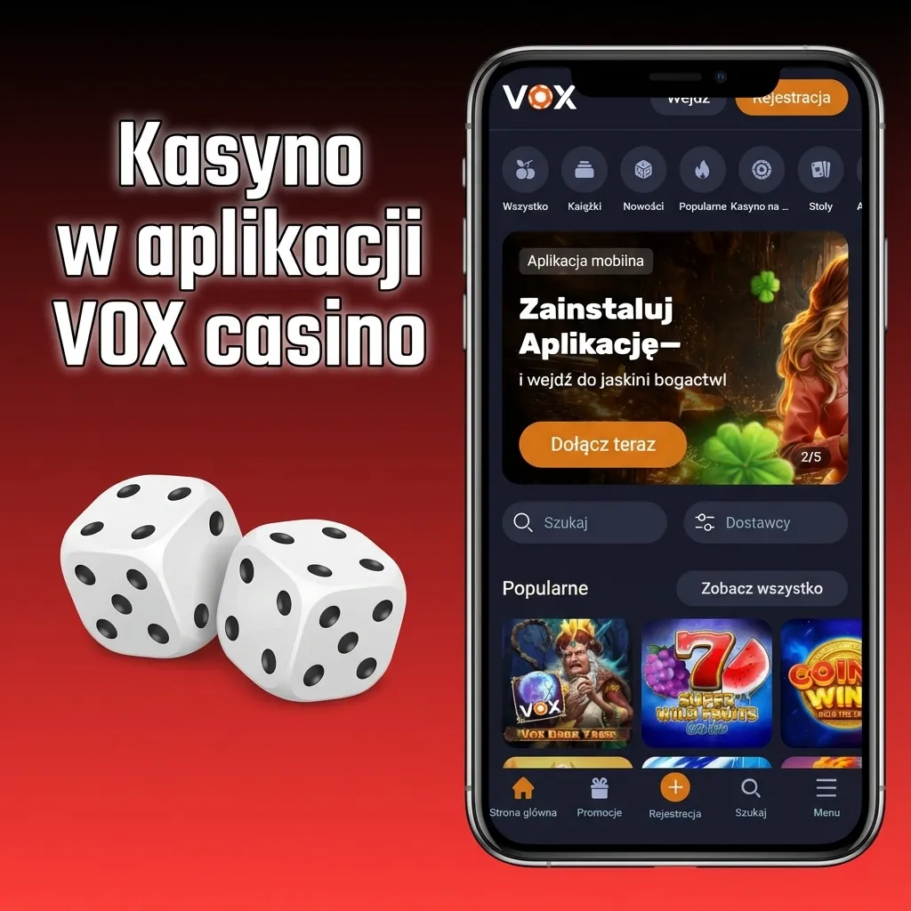VOX casino mobile app interface showing live casino games, sports betting, and slot machines from top providers