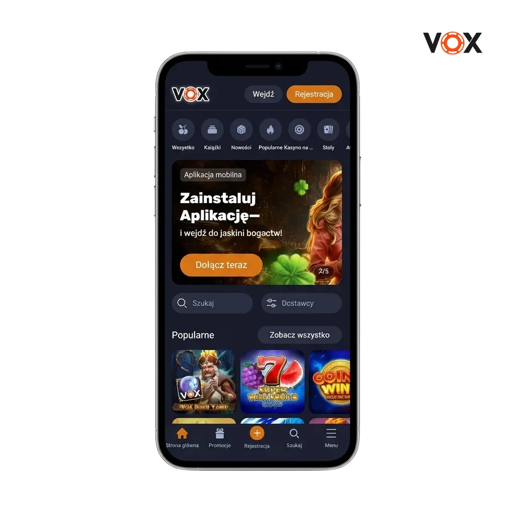VOX casino mobile app download page showing Android APK and iOS options with gaming features and welcome bonus